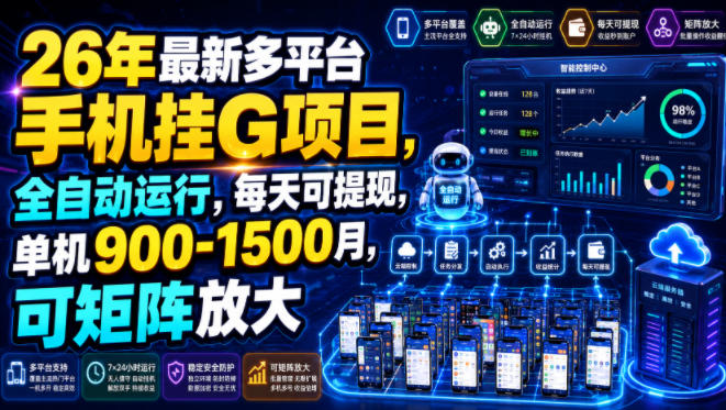 26年最新多平台手机挂G项目，全自动运行，每天可提现，单机900-1500月，可矩阵放大【揭秘】-87副业网 - 互联网副业项目资源分享平台