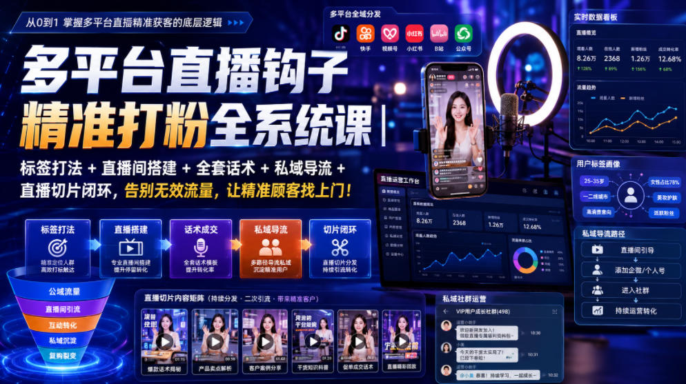 多平台直播钩子精准打粉全系统课｜标签打法+直播间搭建+全套话术+私域导流+直播切片闭环，告别无效流量，让精准顾客找上门！-87副业网 - 互联网副业项目资源分享平台