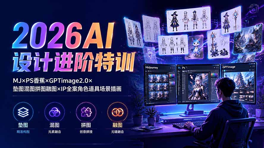 2026AI设计进阶特训:MJ×PS香蕉×GPTimage2.0×垫图混图拼图融图×IP全案角色道具场景插画-87副业网 - 互联网副业项目资源分享平台