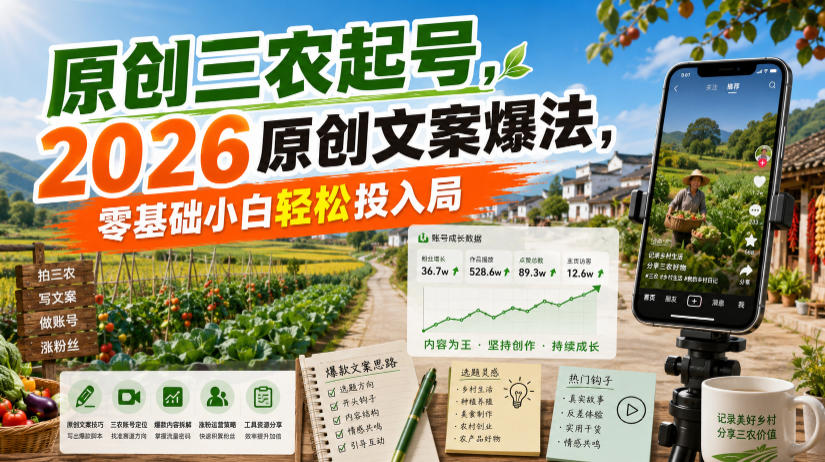 原创三农起号，2026原创文案爆法，零基础小白轻松投入局-87副业网 - 互联网副业项目资源分享平台