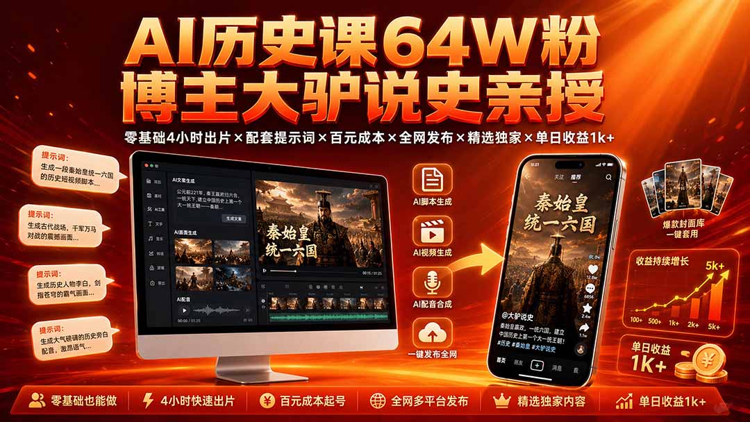 AI历史课64W粉博主大驴说史亲授：零基础4小时出片×配套提示词×百元成本×全网发布×精选独家×单日收益1k+-87副业网 - 互联网副业项目资源分享平台