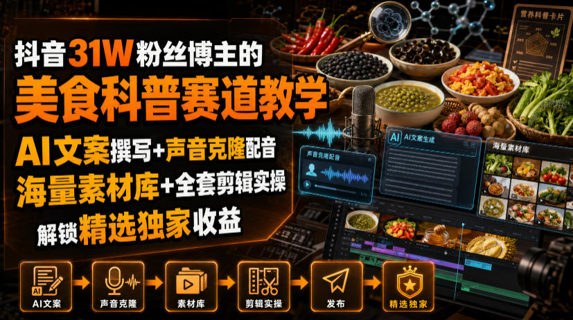 抖音31W粉丝博主的美食科普赛道教学，AI文案撰写+声音克隆配音+剪辑实操，解锁精选独家收益-87副业网 - 互联网副业项目资源分享平台
