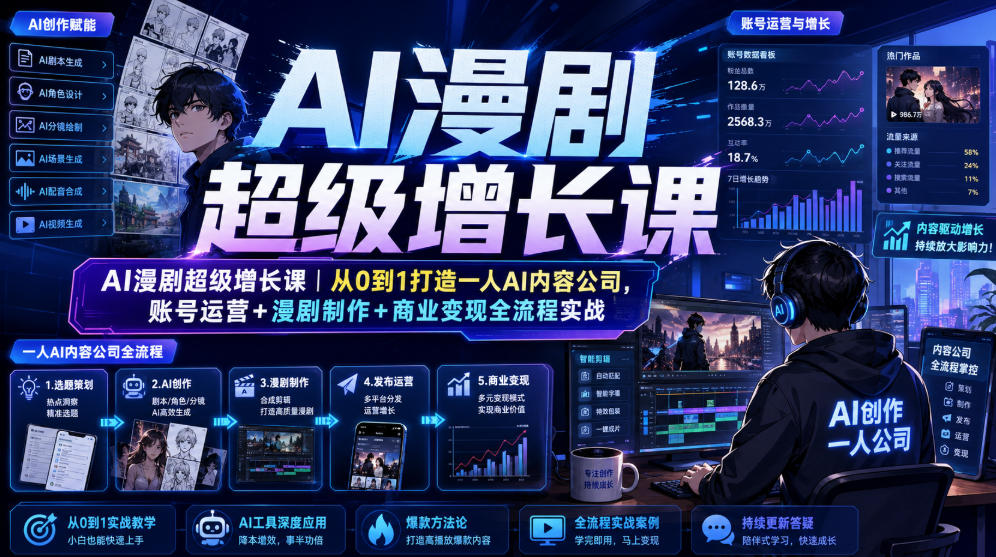 AI漫剧超级增长课|从0到1打造一人AI内容公司,账号运营+漫剧制作+商业变现全流程实战-87副业网 - 互联网副业项目资源分享平台