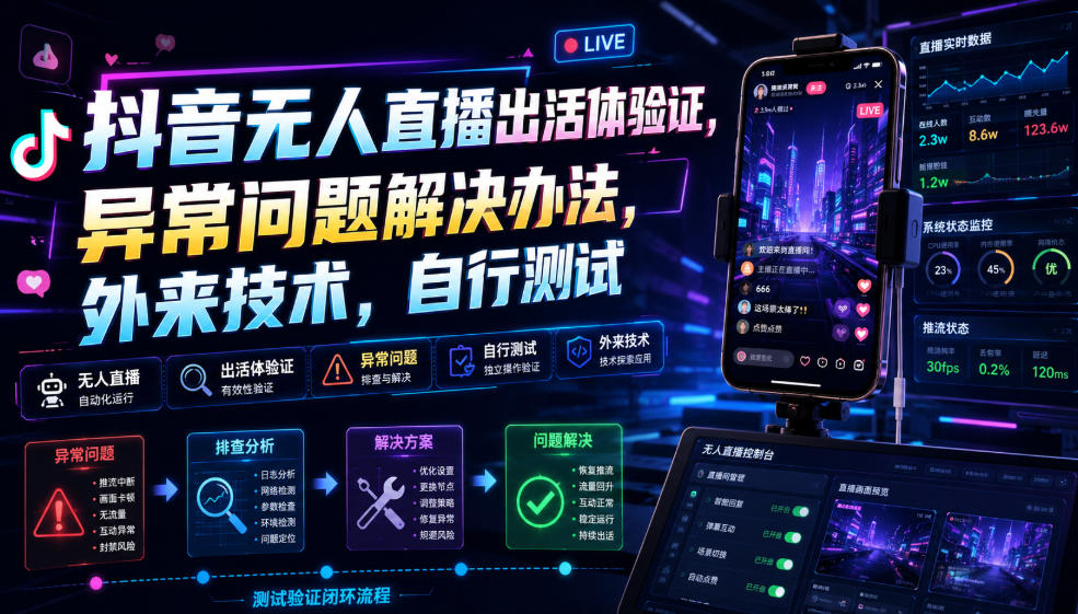 抖音无人直播出活体验证，异常问题解决办法，外来技术，自行测试-87副业网 - 互联网副业项目资源分享平台