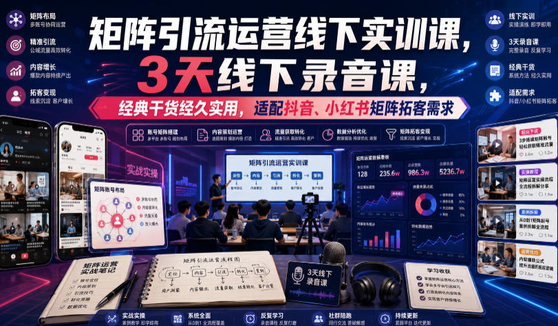 嗨推矩阵引流运营线下实训课,3天线下录音课,经典干货经久实用,适配抖音、小红书矩阵拓客需求-87副业网 - 互联网副业项目资源分享平台