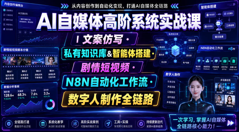 AI自媒体高阶系统实战课｜文案仿写・私有知识库&智能体搭建・剧情短视频・N8N自动化工作流・数字人制作全链路-87副业网 - 互联网副业项目资源分享平台