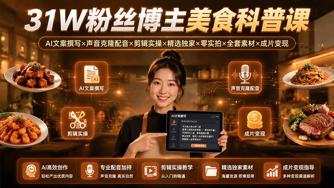 31W粉丝博主美食科普课：AI文案撰写×声音克隆配音×剪辑实操×精选独家×零实拍×全套素材×成片变现-87副业网 - 互联网副业项目资源分享平台