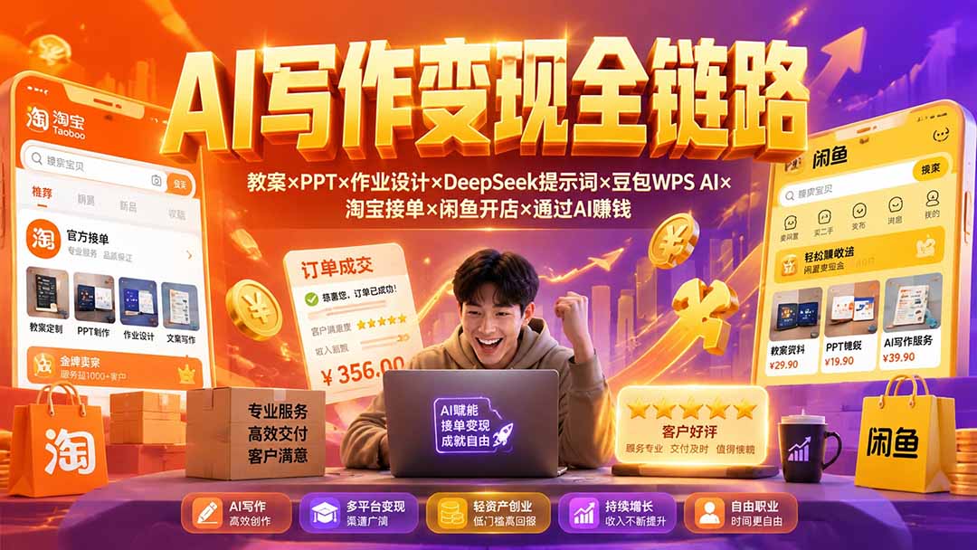 2026AI写作变现全链路：教案×PPT×作业设计×DeepSeek提示词×豆包WPS AI×淘宝接单×闲鱼开店×通过AI賺钱-87副业网 - 互联网副业项目资源分享平台