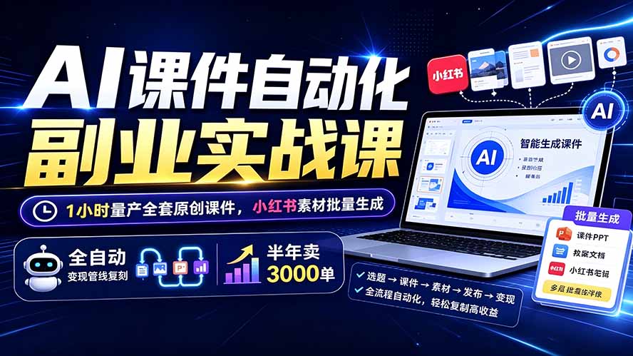 AI课件自动化副业实战课：1小时量产全套原创课件×小红书素材批量生成×全自动变现管线×半年卖3000单-87副业网 - 互联网副业项目资源分享平台