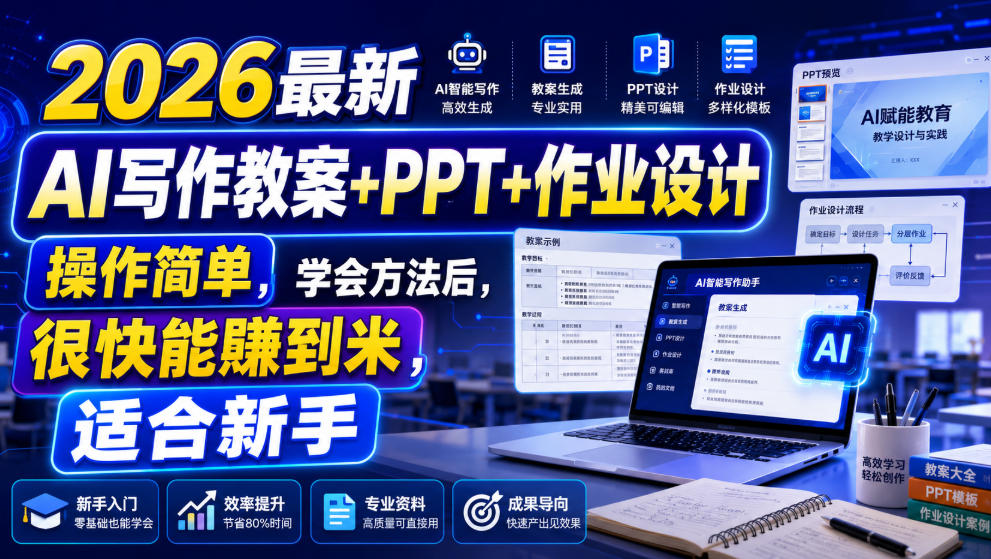2026最新AI写作教案+PPT+作业设计，操作简单，学会方法后，很快能賺到米，适合新手-87副业网 - 互联网副业项目资源分享平台