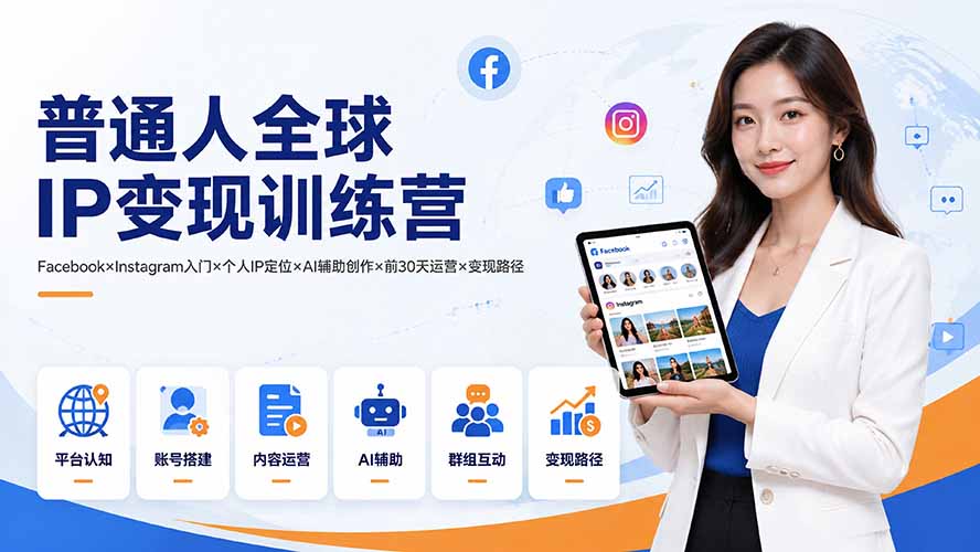 普通人全球IP变现训练营:Facebook×Instagram入门×个人IP定位×AI辅助创作×前30天运营×变现路径-87副业网 - 互联网副业项目资源分享平台