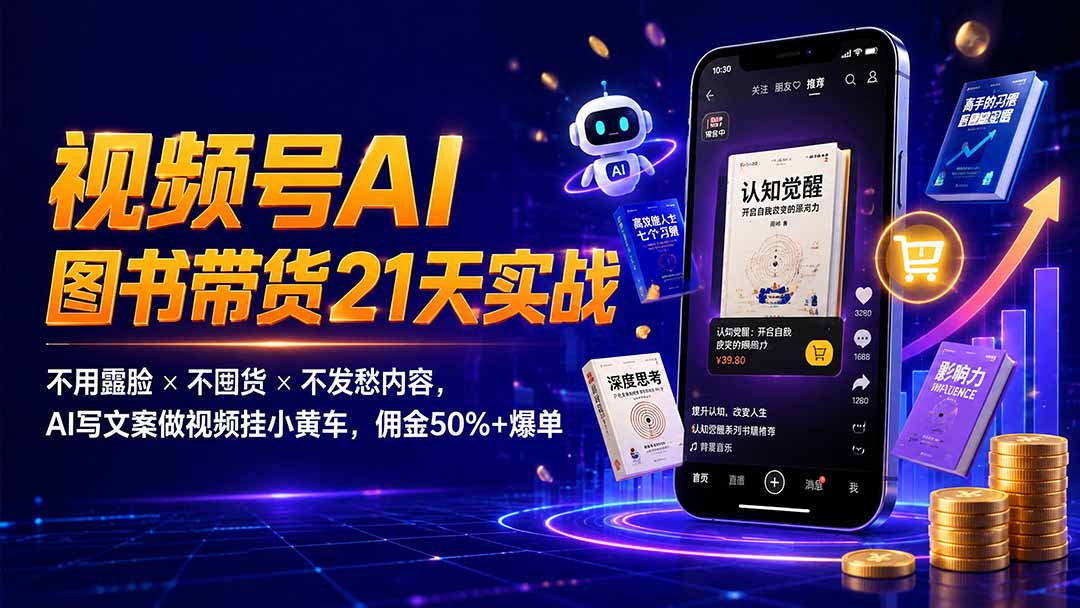 繁花视频号AI图书带货21天实战：不用露脸×不囤货×不发愁内容，AI写文案做视频挂小黄车，佣金50%+爆单-87副业网 - 互联网副业项目资源分享平台
