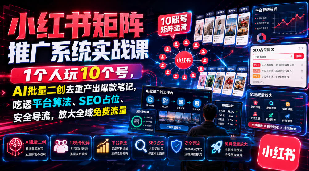 小红书矩阵推广系统实战课｜1个人玩10个号，AI批量二创去重产出爆款笔记，吃透平台算法、SEO占位、安全导流，放大全域免费流量-87副业网 - 互联网副业项目资源分享平台