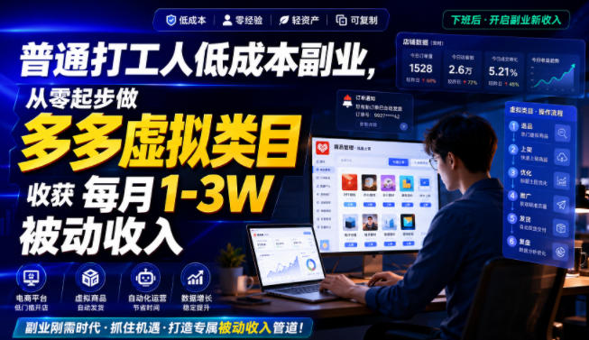 普通打工人低成本副业，从零起步做多多虚拟类目，收获每月1-3W被动收入【揭秘】-87副业网 - 互联网副业项目资源分享平台