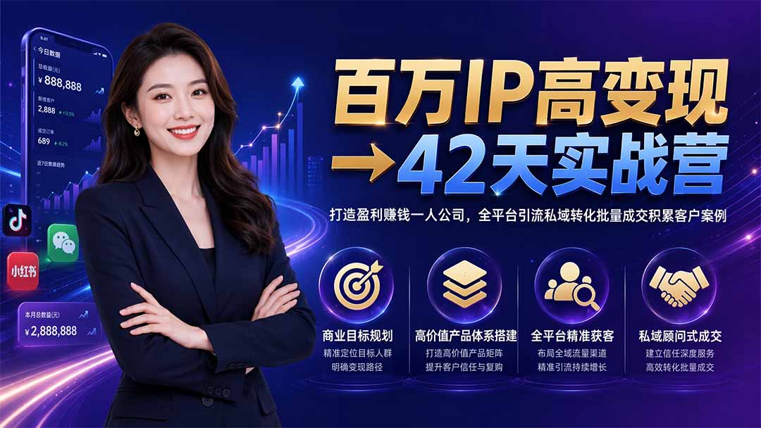 百万IP高变现→42天实战营｜打造盈利赚钱一人公司，全平台引流私域转化批量成交积累客户案例-87副业网 - 互联网副业项目资源分享平台