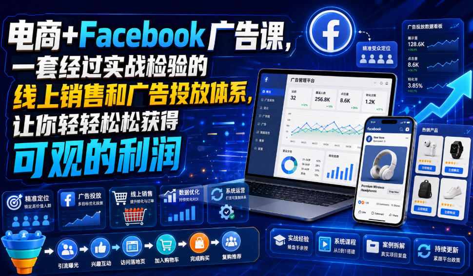电商+Facebook广告课，一套经过实战检验的线上销售和广告投放体系，让你轻轻松松获得可观的利润【原创双语字幕】-87副业网 - 互联网副业项目资源分享平台