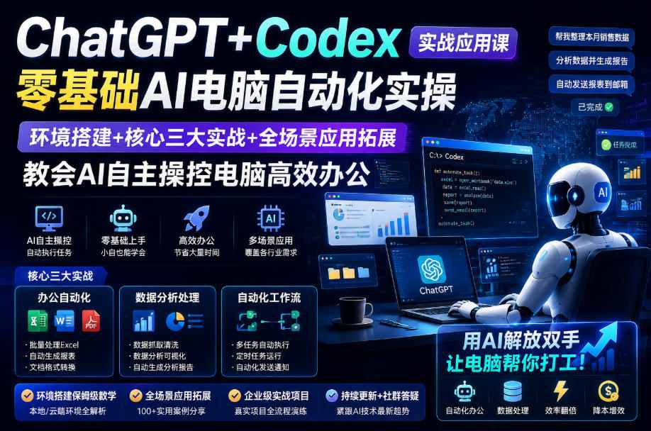 ChatGPT+Codex实战应用课｜零基础AI电脑自动化实操，环境搭建+核心三大实战+全场景应用拓展，教会AI自主操控电脑高效办公-87副业网 - 互联网副业项目资源分享平台