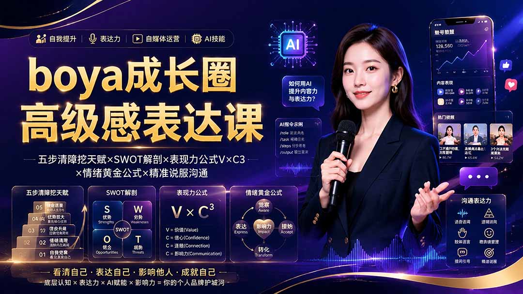 boya成长圈｜内心成长高级表达AI自媒体三合一，消解内耗挖掘天赋，镜头沟通AI指令短视频全流程教学-87副业网 - 互联网副业项目资源分享平台