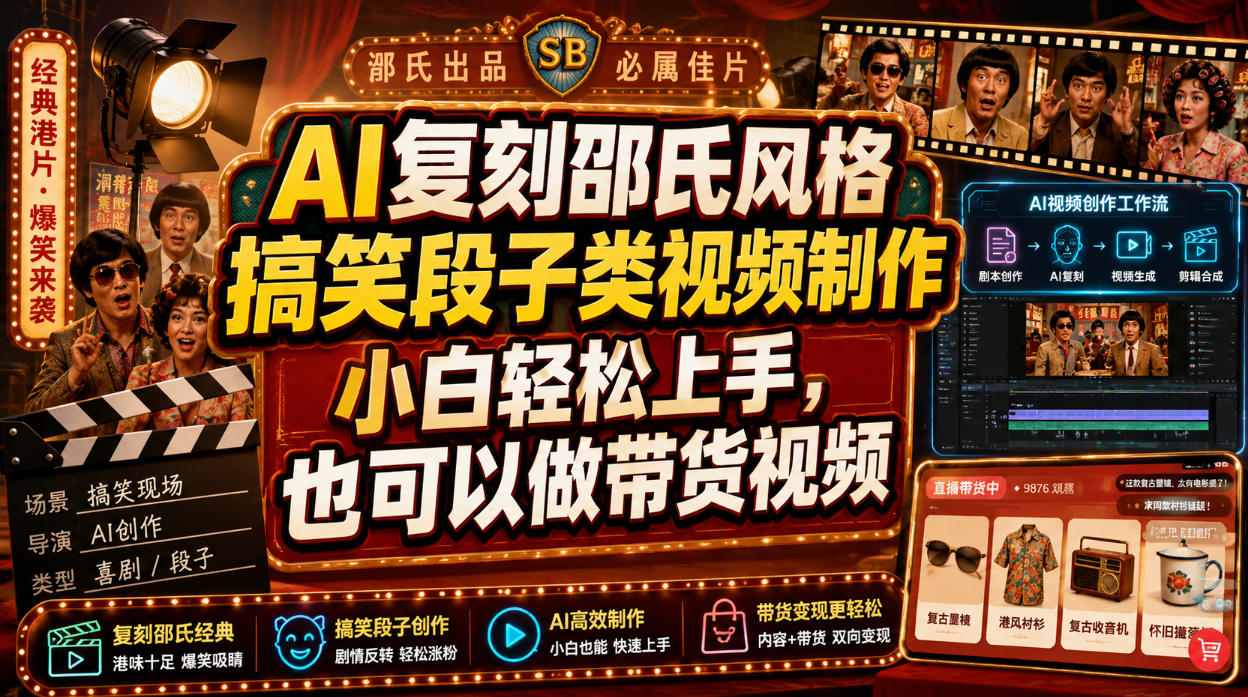 AI复刻邵氏风格搞笑段子类视频制作，小白轻松上手，也可以做带货视频-87副业网 - 互联网副业项目资源分享平台