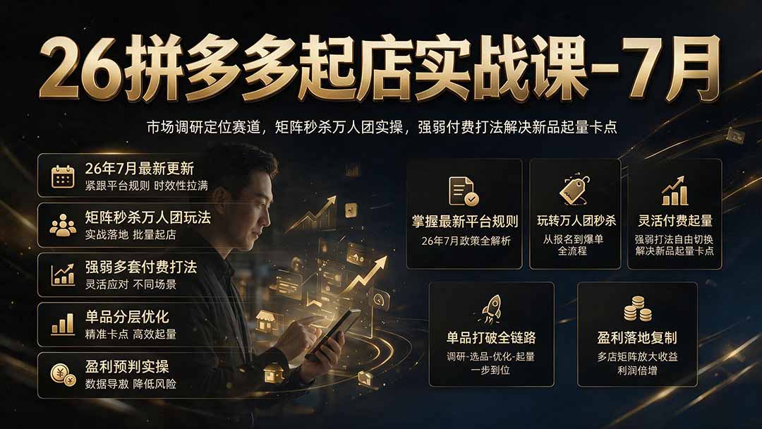 26拼多多起店实战课-7月｜市场调研定位赛道，矩阵秒杀万人团实操，强弱付费打法解决新品起量卡点-87副业网 - 互联网副业项目资源分享平台