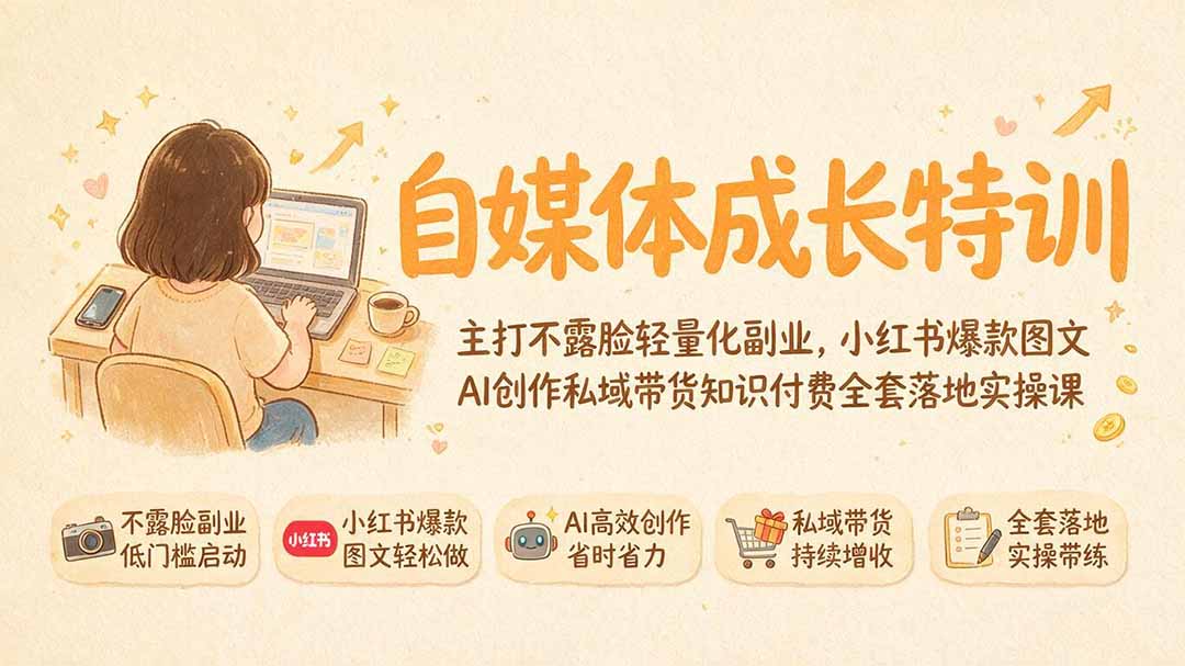 自媒体成长特训｜主打不露脸轻量化副业，小红书爆款图文AI创作私域带货知识付费全套落地实操课-87副业网 - 互联网副业项目资源分享平台