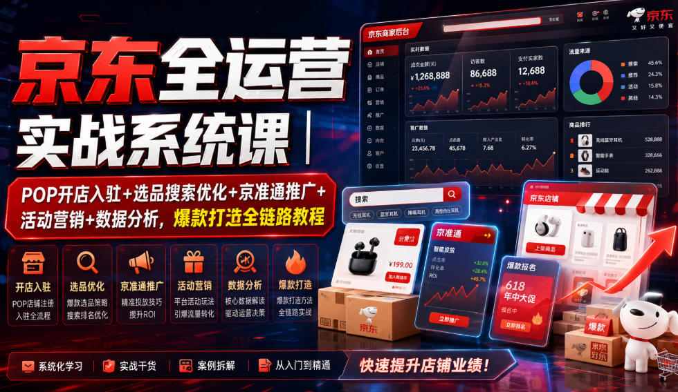 京东全运营实战系统课｜POP开店入驻+选品搜索优化+京准通推广+活动营销+数据分析，爆款打造全链路教程-87副业网 - 互联网副业项目资源分享平台