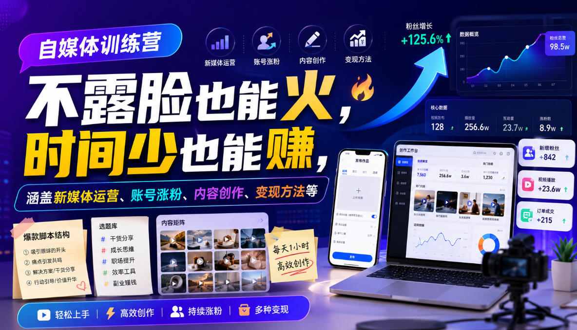 自媒体训练营，不露脸也能火，时间少也能賺，涵盖新媒体运营、账号涨粉、内容创作、变现方法等-87副业网 - 互联网副业项目资源分享平台