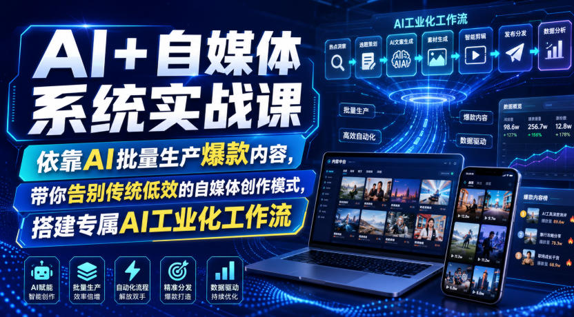 AI+自媒体系统实战课，依靠AI批量生产爆款内容，带你告别传统低效的自媒体创作模式，搭建专属AI工业化工作流-87副业网 - 互联网副业项目资源分享平台