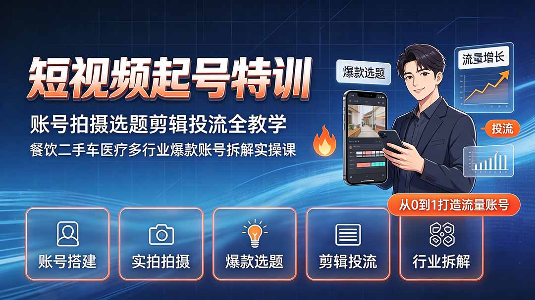 短视频起号特训｜账号拍摄选题剪辑投流全教学，餐饮二手车医疗多行业爆款账号拆解实操课-87副业网 - 互联网副业项目资源分享平台