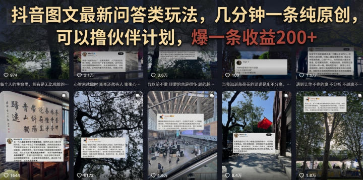 抖音图文最新问答类玩法，几分钟一条纯原创，可以撸伙伴计划，爆一条收益200+-87副业网 - 互联网副业项目资源分享平台