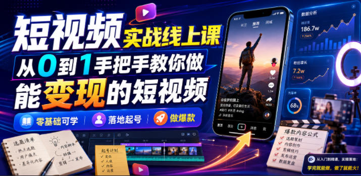 短视频实战线上课，从0到1手把手教你做能变现的短视频，零基础可学，落地起号做爆款-87副业网 - 互联网副业项目资源分享平台