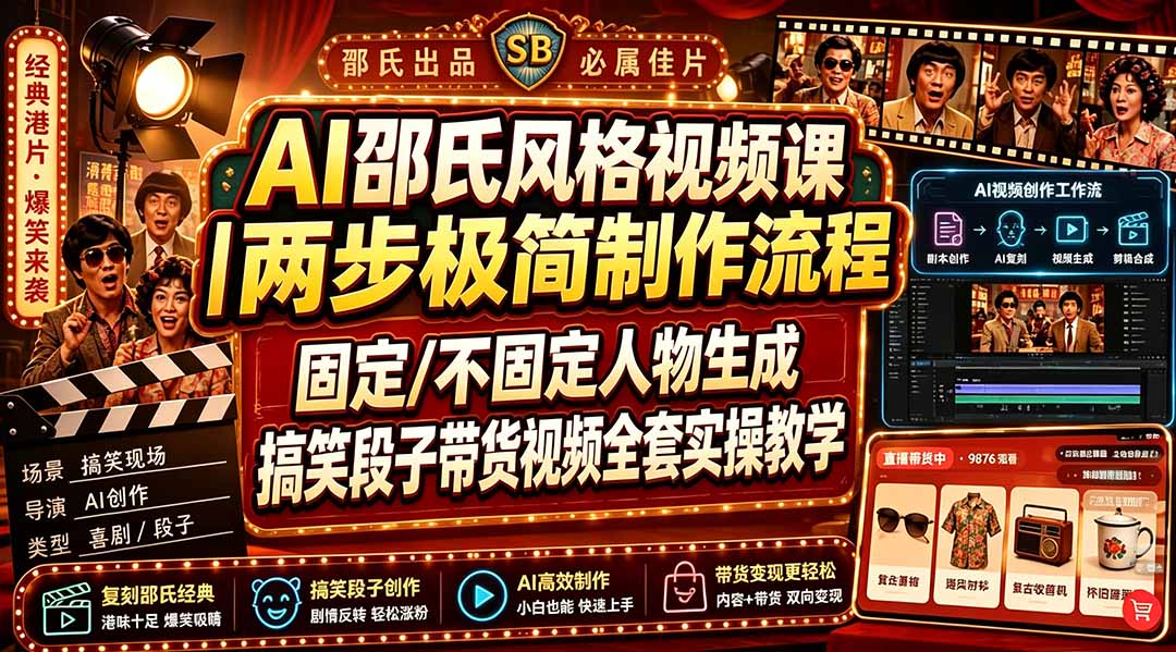 AI邵氏风格视频课｜两步极简制作流程，固定/不固定人物生成，搞笑段子带货视频全套实操教学-87副业网 - 互联网副业项目资源分享平台