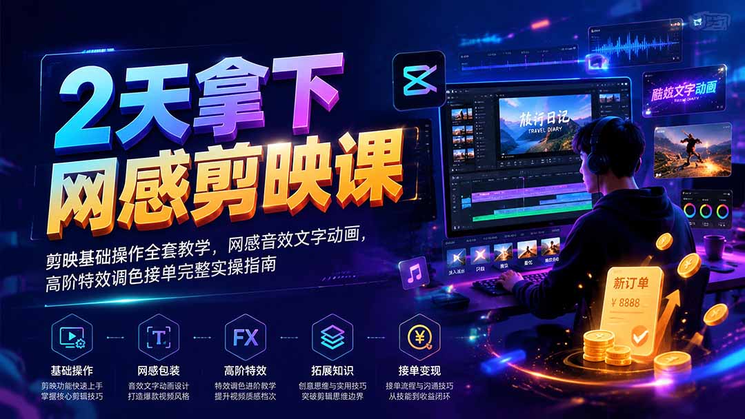 2天拿下网感剪辑课｜剪映基础操作全套教学，网感音效文字动画，高阶特效调色接单完整实操指南-87副业网 - 互联网副业项目资源分享平台