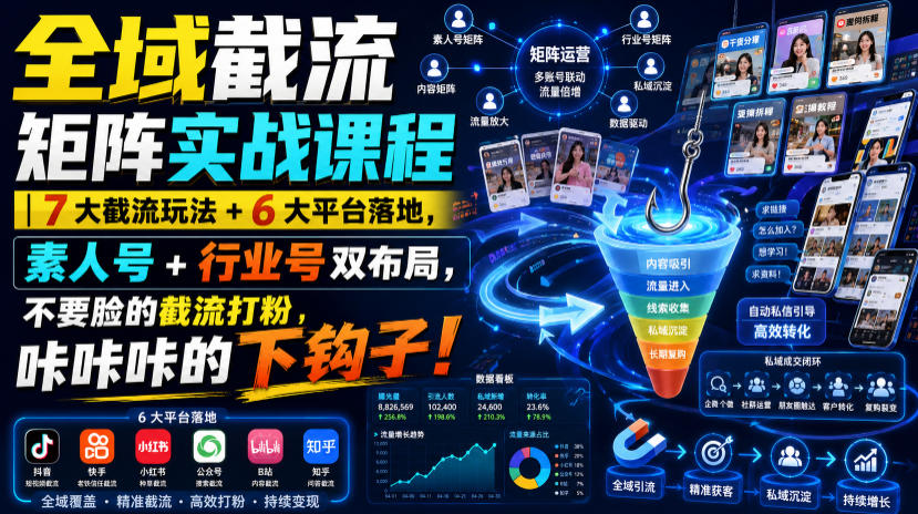 全域截流矩阵实战课程｜7大截流玩法+6大平台落地，素人号+行业号双布局，不要脸的截流打粉，咔咔咔的下钩子！-87副业网 - 互联网副业项目资源分享平台