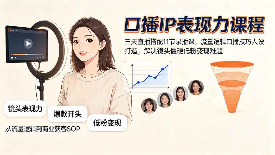 口播IP表现力课程｜三天直播搭配11节录播课，流量逻辑口播技巧人设打造，解决镜头僵硬低粉变现难题-87副业网 - 互联网副业项目资源分享平台
