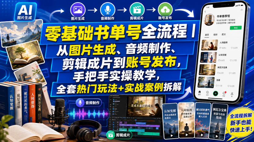 零基础书单号全流程｜从图片生成、音频制作、剪辑成片到账号发布，手把手实操教学，全套热门玩法+实战案例拆解-87副业网 - 互联网副业项目资源分享平台