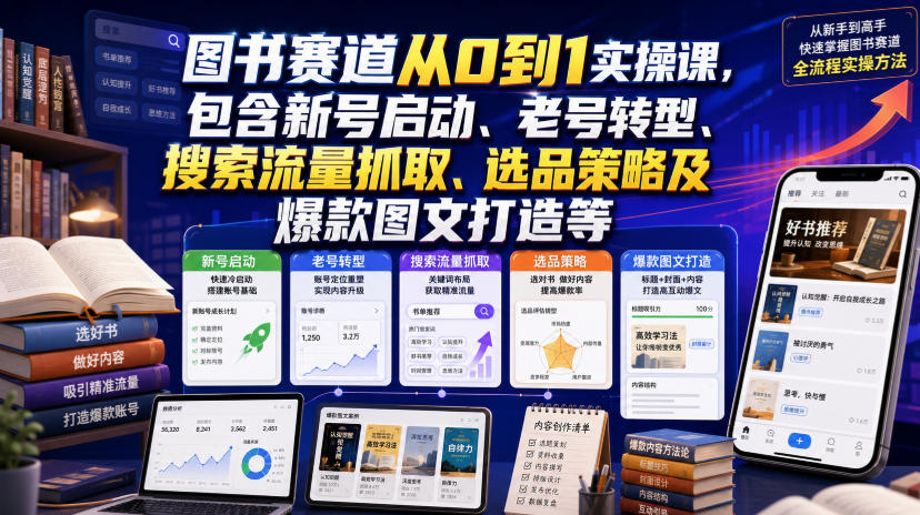 图书赛道从0到1实操课，包含新号启动、老号转型、搜索流量抓取、选品策略及爆款图文打造等-87副业网 - 互联网副业项目资源分享平台