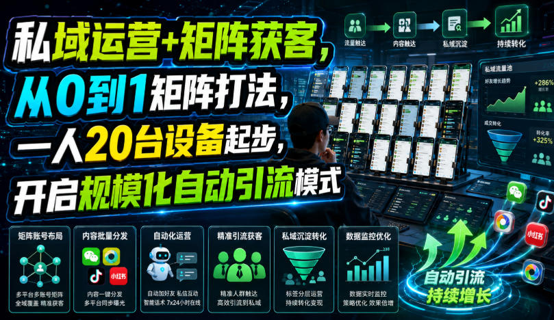 私域运营+矩阵获客,从0到1矩阵打法,一人20台设备起步,开启规模化自动引流模式!-87副业网 - 互联网副业项目资源分享平台