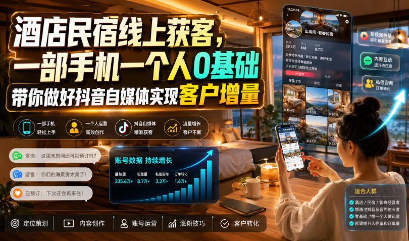 酒店民宿线上获客，一部手机一个人0基础带你做好抖音自媒体实现客户增量-87副业网 - 互联网副业项目资源分享平台