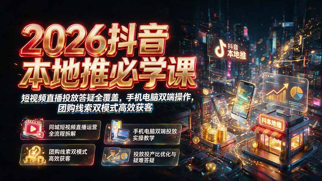 2026抖音本地推必学课｜短视频直播投放答疑全覆盖，手机电脑双端操作，团购线索双模式高效获客-87副业网 - 互联网副业项目资源分享平台