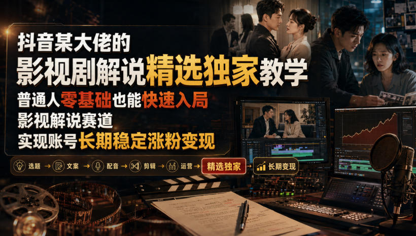 抖音某大佬的影视剧解说精选独家教学，普通人零基础也能快速入局影视解说赛道，实现账号长期稳定变现-87副业网 - 互联网副业项目资源分享平台