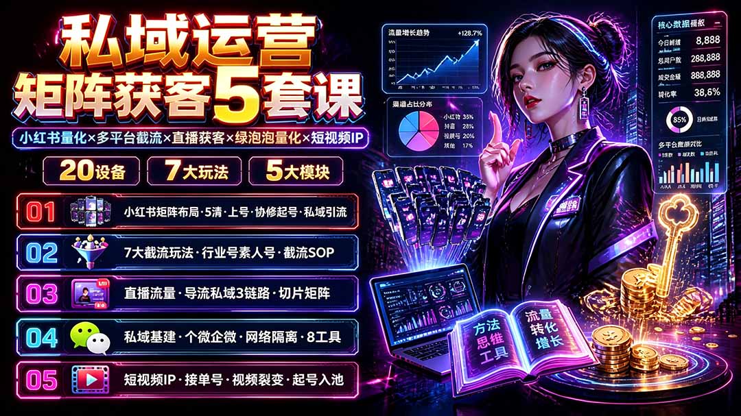 私域运营矩阵获客5套课：小红书量化×多平台截流×直播获客×绿泡泡量化×短视频IP×20设备×7大玩法-87副业网 - 互联网副业项目资源分享平台