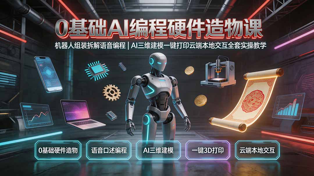 0基础AI编程硬件造物课|机器人组装拆解语音编程,AI三维建模一键打印云端本地交互全套实操教学-87副业网 - 互联网副业项目资源分享平台