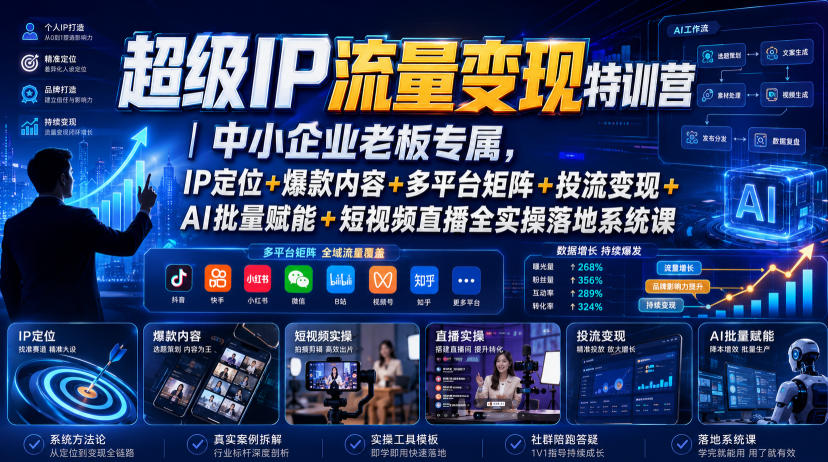 超级IP流量变现特训营｜中小企业老板专属，IP定位+爆款内容+多平台矩阵+投流变现+AI批量赋能+短视频直播全实操落地系统课-87副业网 - 互联网副业项目资源分享平台