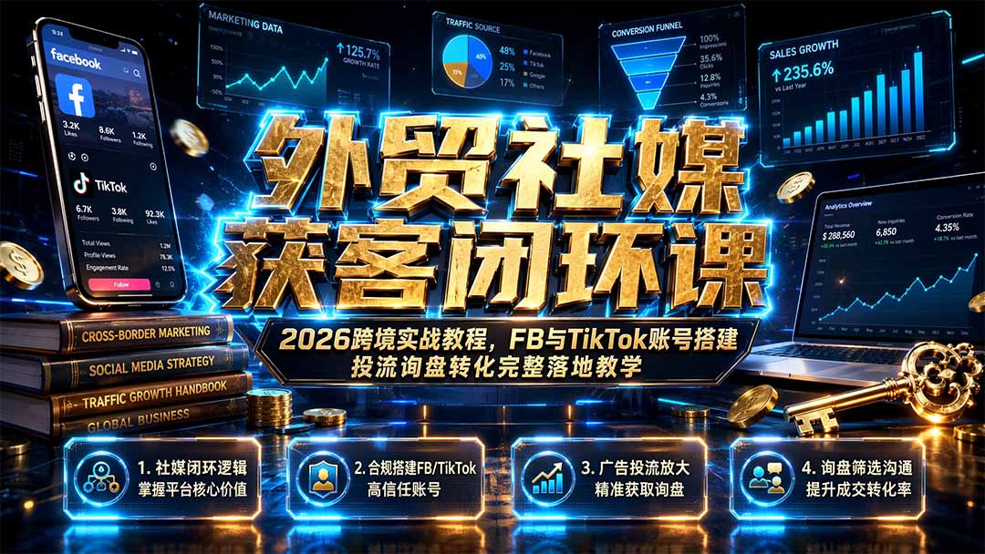 外贸社媒获客闭环课|2026跨境实战教程,FB与TikTok账号搭建投流询盘转化完整落地教学-87副业网 - 互联网副业项目资源分享平台