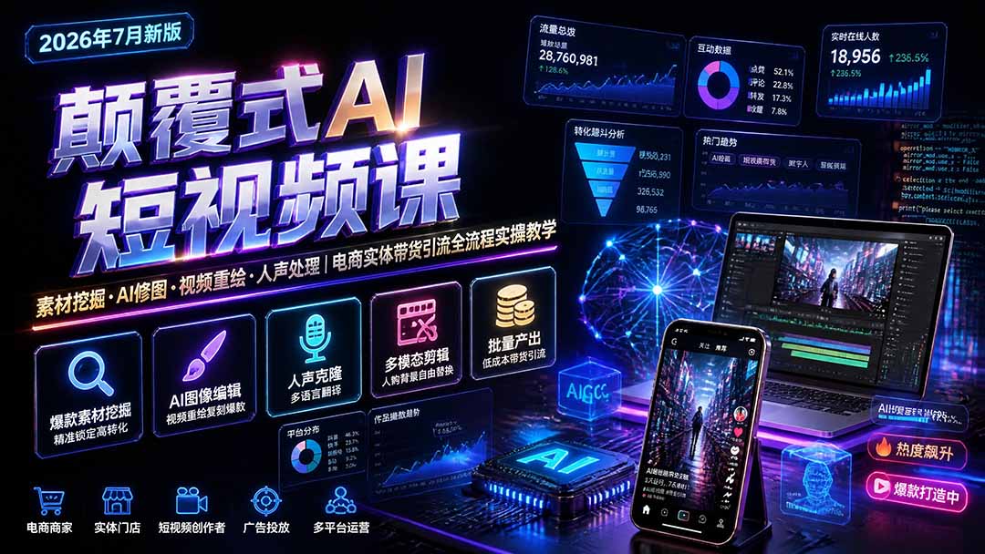 颠覆式AI短视频课|素材挖掘,AI修图,视频重绘,人声处理|电商实体带货引流全流程实操教学-87副业网 - 互联网副业项目资源分享平台