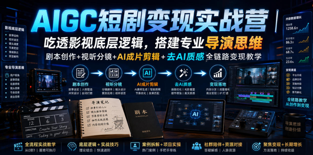AIGC短剧变现实战营｜吃透影视底层逻辑，搭建专业导演思维，剧本创作+视听分镜+AI成片剪辑+去AI质感全链路变现教学-87副业网 - 互联网副业项目资源分享平台