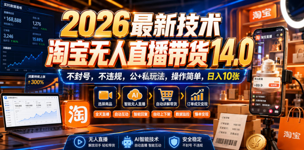 2026最新技术,淘宝无人直播带货14.0,不封号,不违规,公+私玩法,操作简单,日入10张【揭秘】-87副业网 - 互联网副业项目资源分享平台