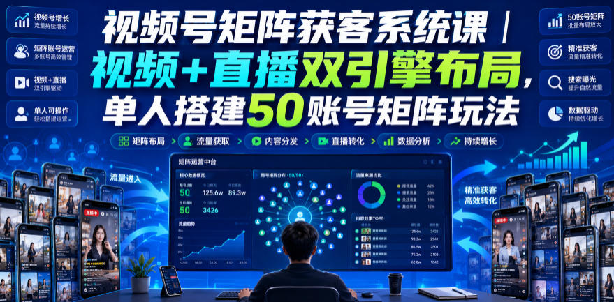 视频号矩阵获客系统课｜视频+直播双引擎布局，单人搭建50账号矩阵玩法，流量入池、搜索占位、全域引流沉淀私域全流程教学-87副业网 - 互联网副业项目资源分享平台