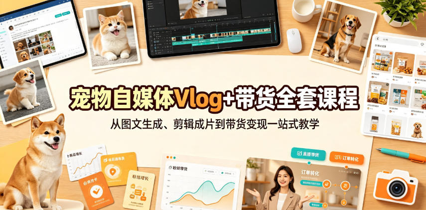 宠物自媒体Vlog+带货全套课程｜从图文生成、剪辑成片到带货变现一站式教学-87副业网 - 互联网副业项目资源分享平台